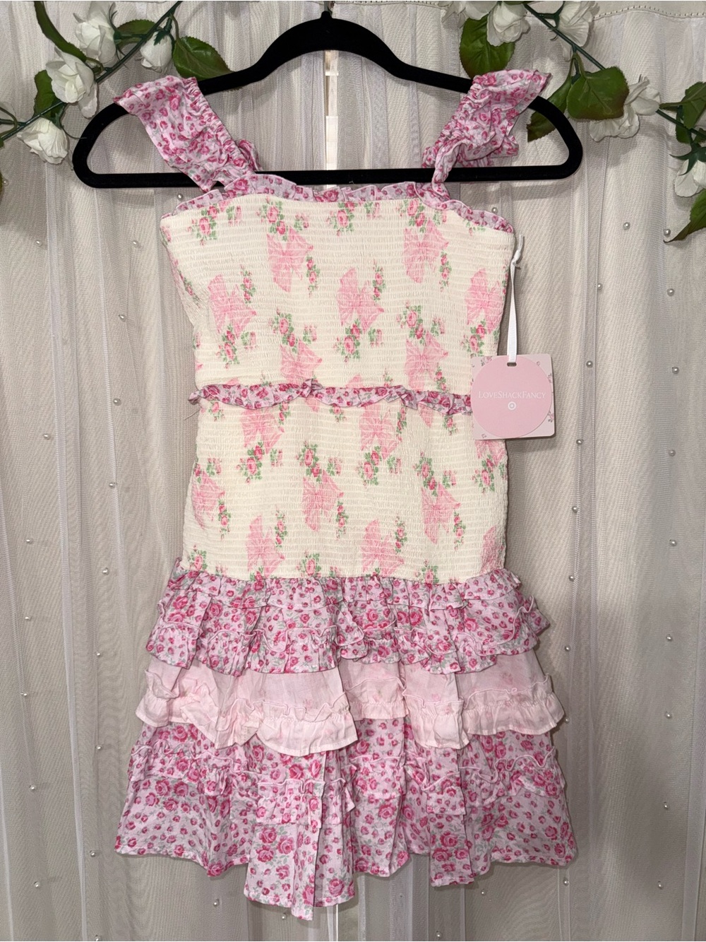 LoveShackFancy Pink Floral Ruffled Tiered Girls Dress